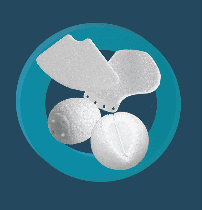 Orbital Implants Porous Polyethylene Product Range Eye Socket Reconstruction Various white orbital implant shapes arranged in circle showing different configurations