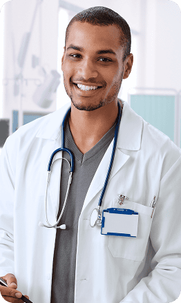 Smiling medical professional in white coat with stethoscope, specialist in craniomaxillofacial surgery and SU-POR implant procedures