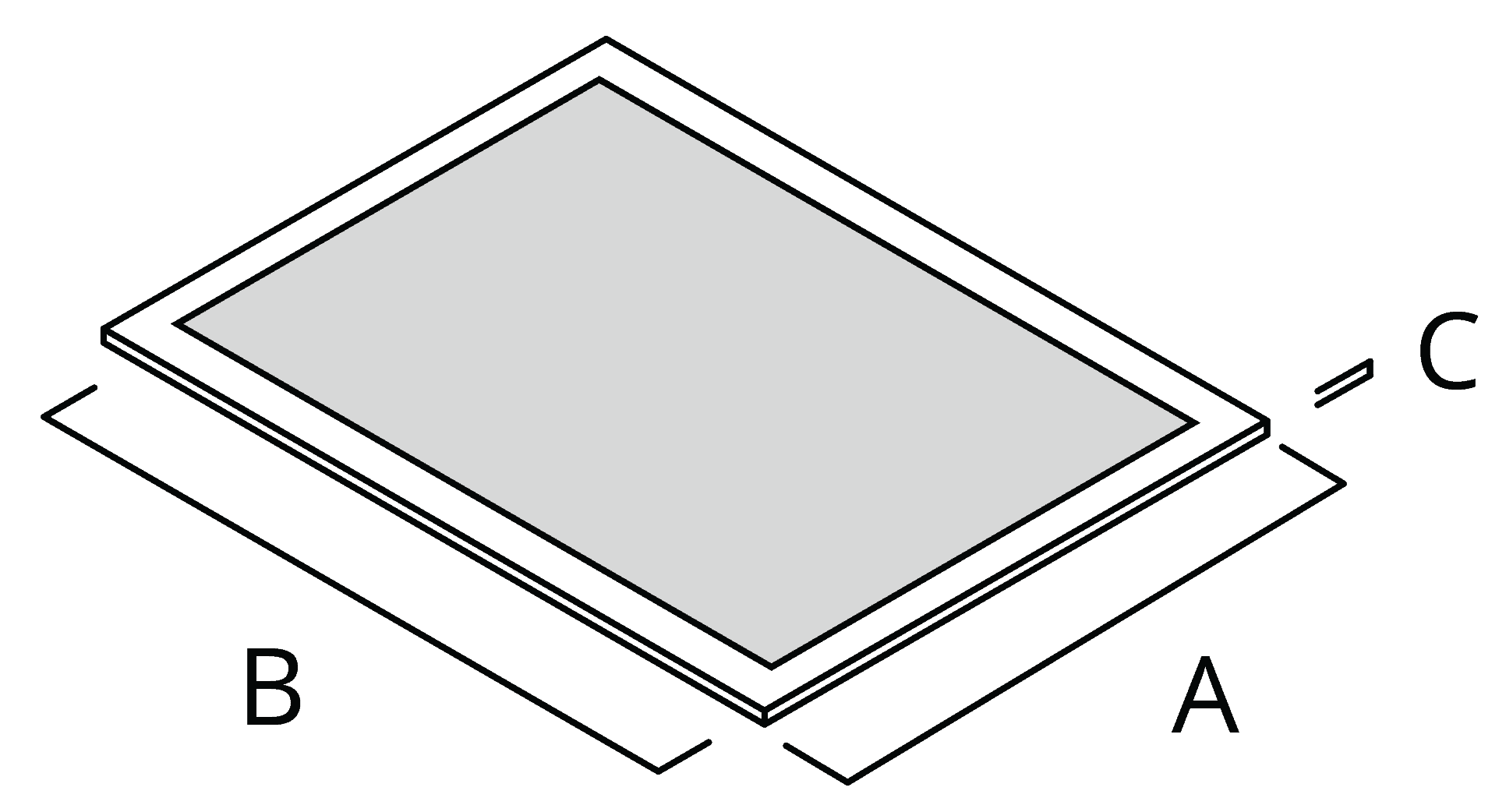 Technical diagram showing flat membrane sheet implant with dimensional measurements and composite layer structure