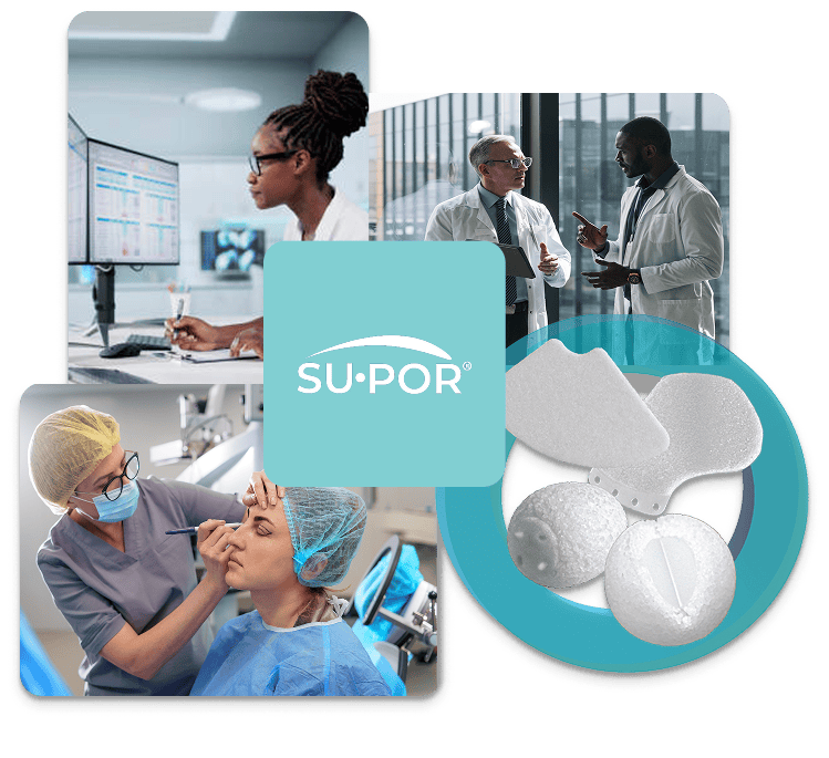 Collage showing medical research team, surgeons consulting, patient procedure, and SU-POR porous polyethylene implants